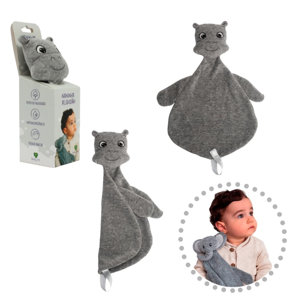 Naninha com Prendedor de Chupeta  Algodão Hipopótamo Cinza Baby Pil