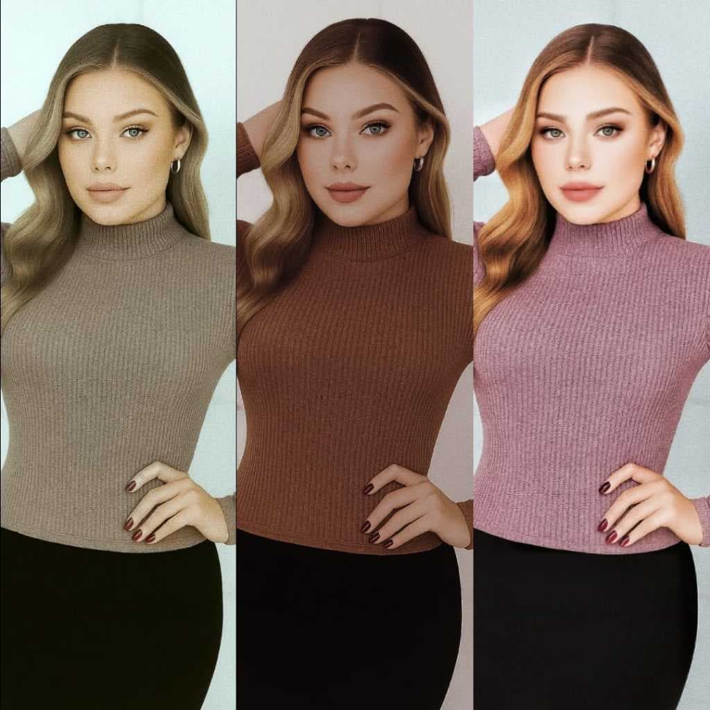 Blusa feminina gola alta, cacharrel manga longa em lanzinha ribana, estilosa e confortavel