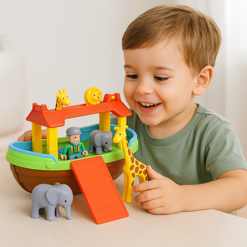 Brinquedo Arca De Noé Para Montar Com 2 Bonequinhos e 6 Animais Barco Infantil Criança Menino Menina