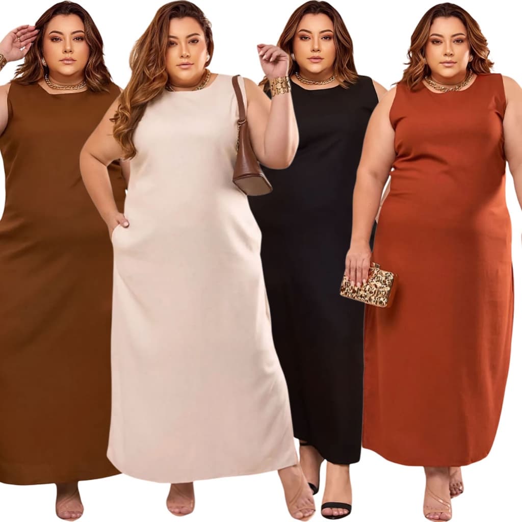 Vestido Midi Plus Size Bolsos e Fendas Laterais Linho Forrado Evangélico Casual Trabalho Uniforme