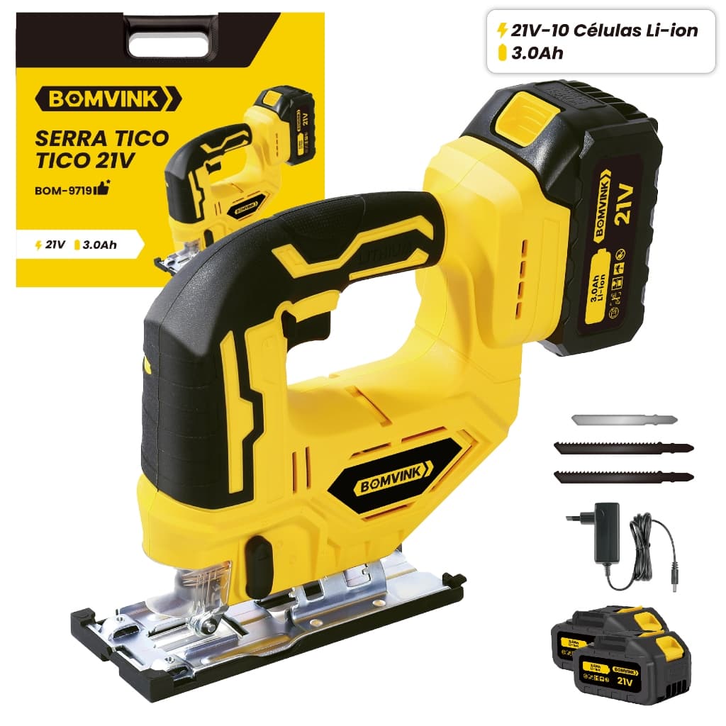 BOMVINK Serra Tico-Tico a Bateria 21V/12V Sem Fio 2 Baterias Potente Corte Madeira Alumínio