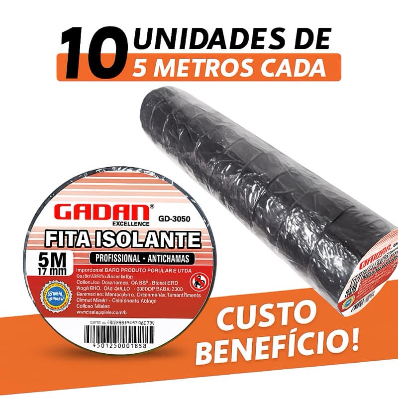 Tubo com 10 Fitas Isolantes 5m, 10m e 20m Gadan • Profissional • Antichamas.