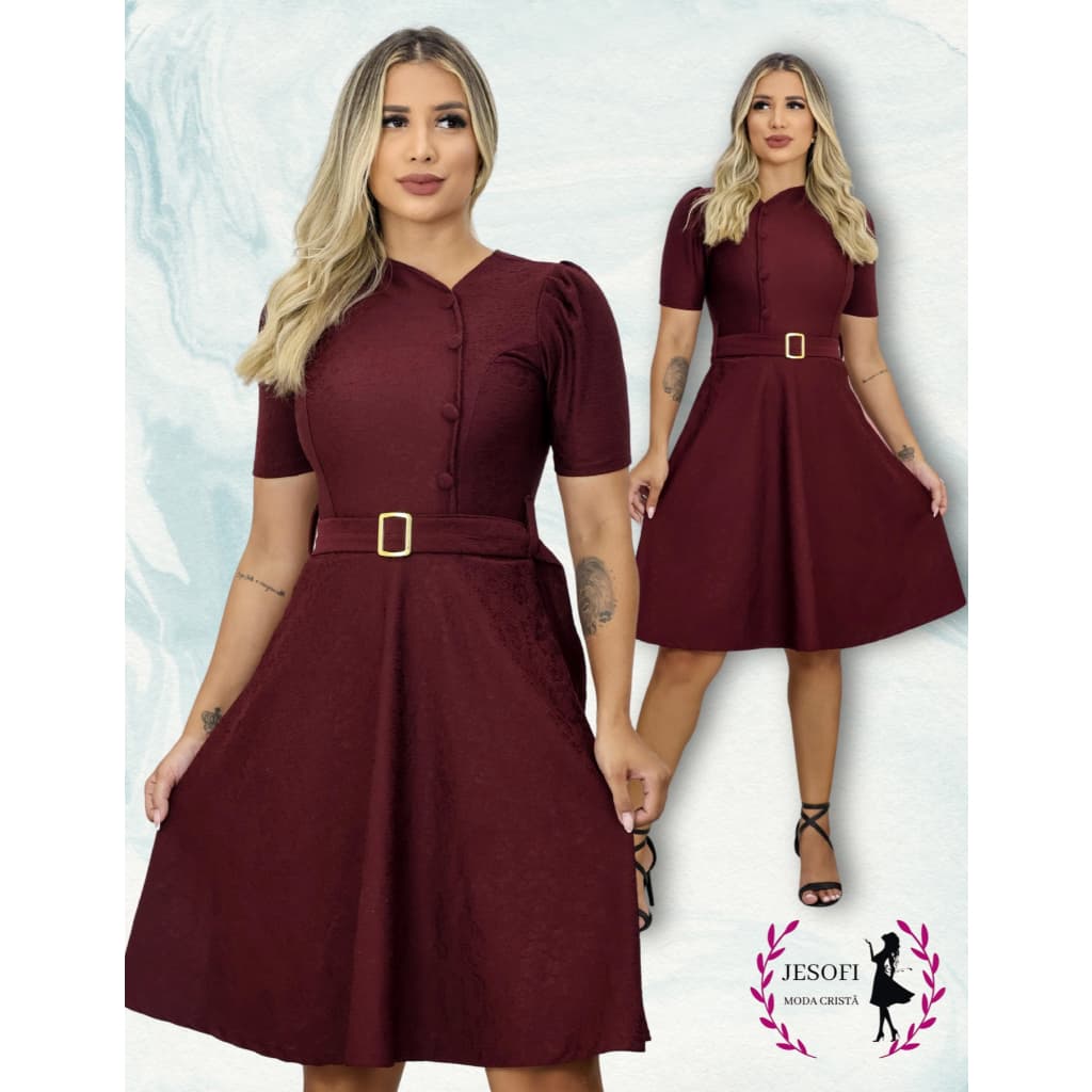 Vestido Mídi Rodado Com Botões e Cinto Malha Jaquard 3D Moda Evangelica Inverno Tendência