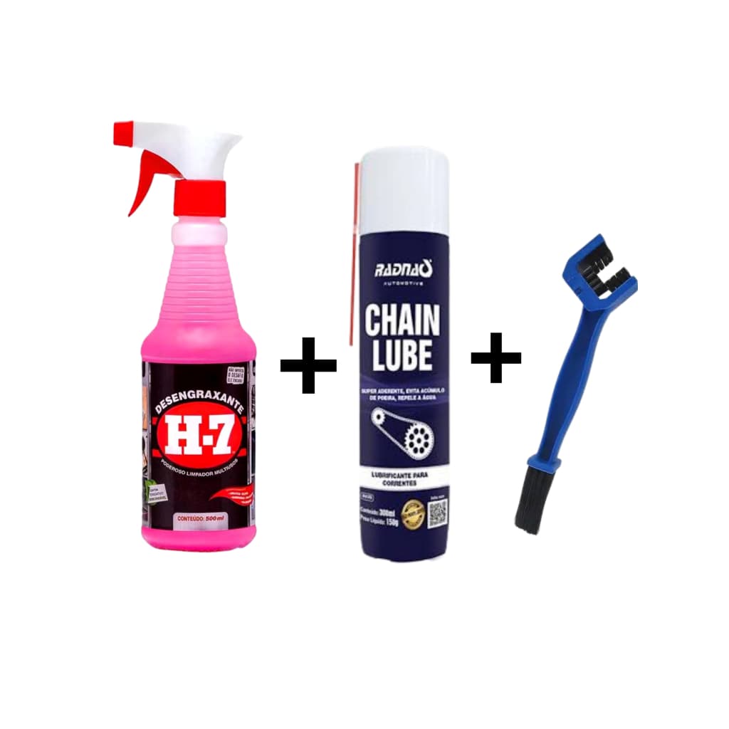 Desengraxante H7 Limpeza Pesada Spray 500ml + Lubrificante de Correntes 300ml + Escova para Corrente