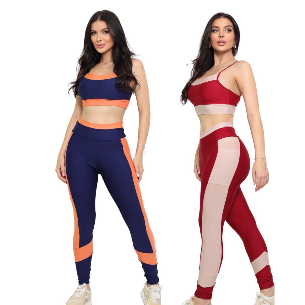 Kit  Com 2 Conjuntos Para Academia Moda Fitness Confortavel Calça Legging Com Bolso E Top Cropped Costa Nua