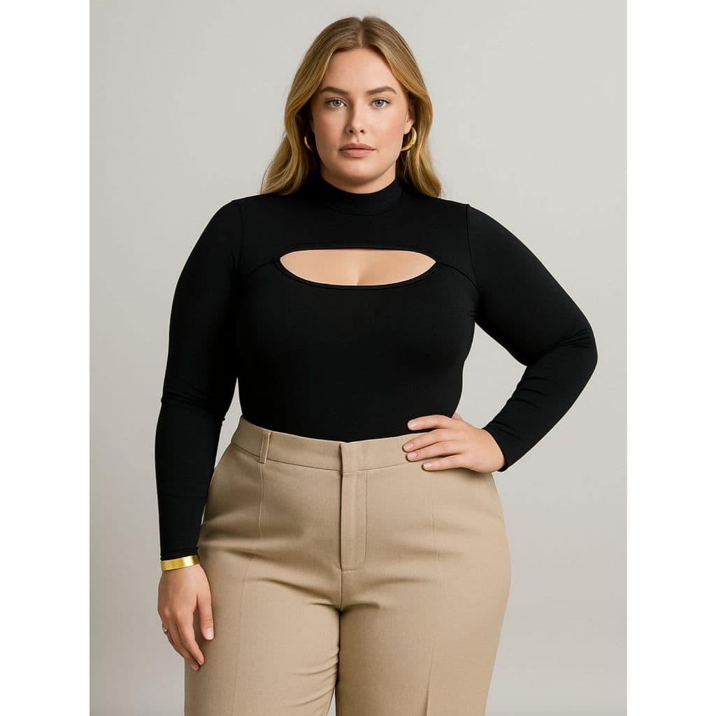 Body collant manga longa gola alta feminino plus size elegante sofisticado versátil premium clássico casual profissional