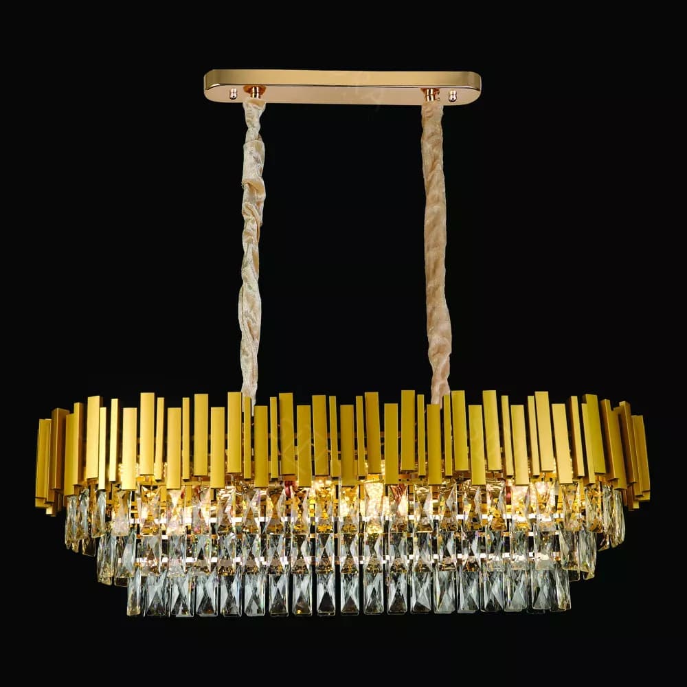 Lustre Pendente Retangular 100x35cm Metal Dourado e Cristal-Sindora-Lançamento Fonte do Led