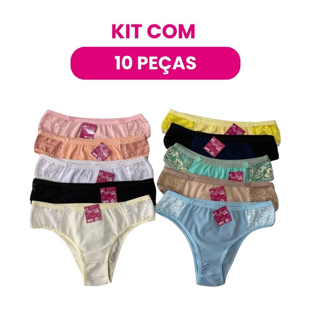 Kit 10 Calcinhas Femininas Cintura Alta Algodão Renda Conforto Paty Grife