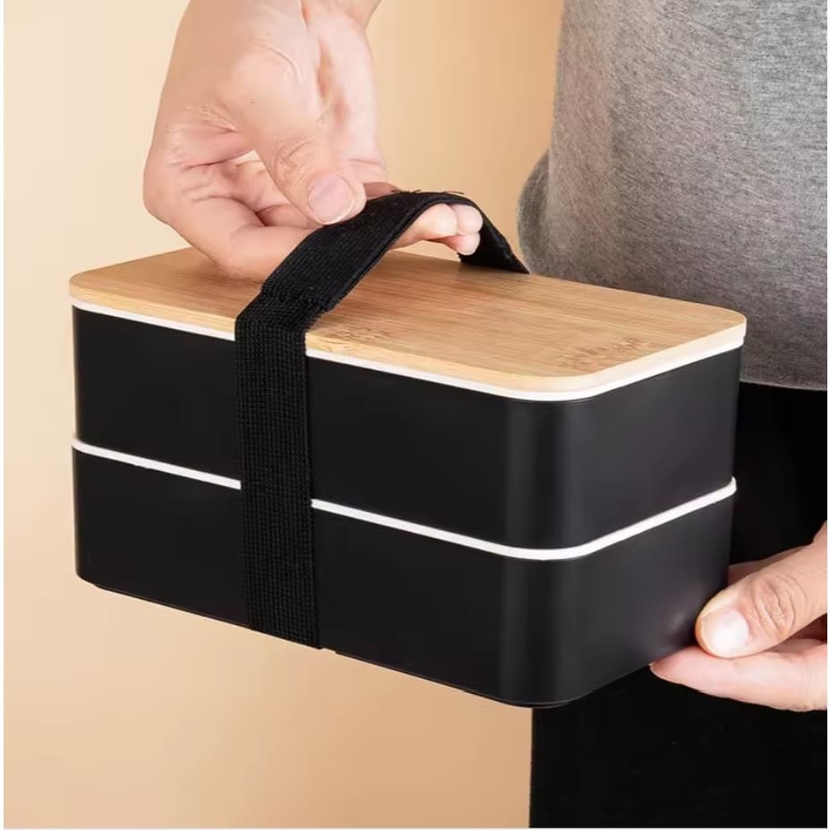 Lancheira Marmita Bento Box Bambu Preto Dupla Microondas Portátil Japonesa