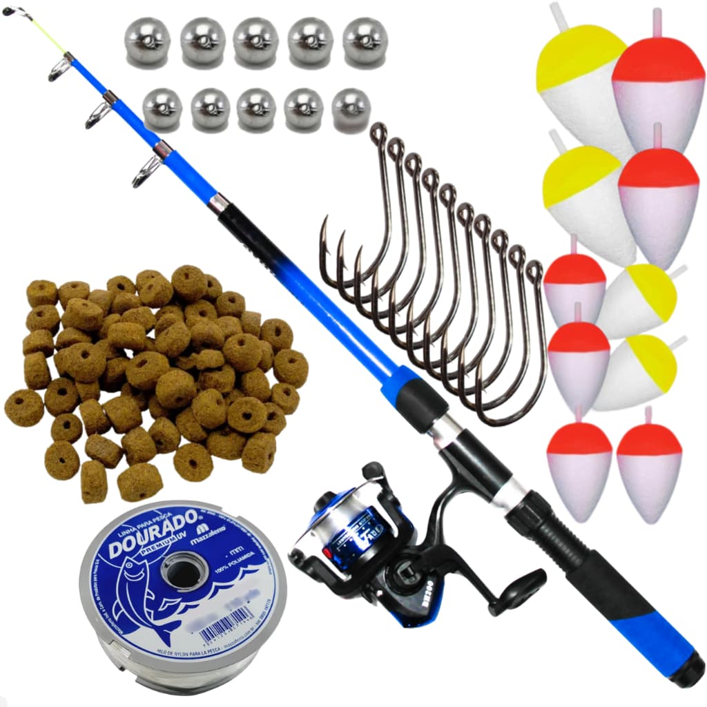 Kit Pesca completo 1 Vara Telescópica +  Molinete + Linha + Anzol + Chumbada + Boia + Isca - Barato