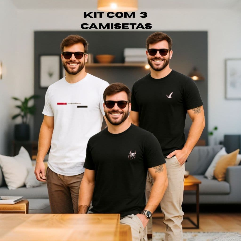 KIT 3 Camisetas, camisa Masculina Estampada 100% Algodão Moda Casual Imediato Varias CoRES