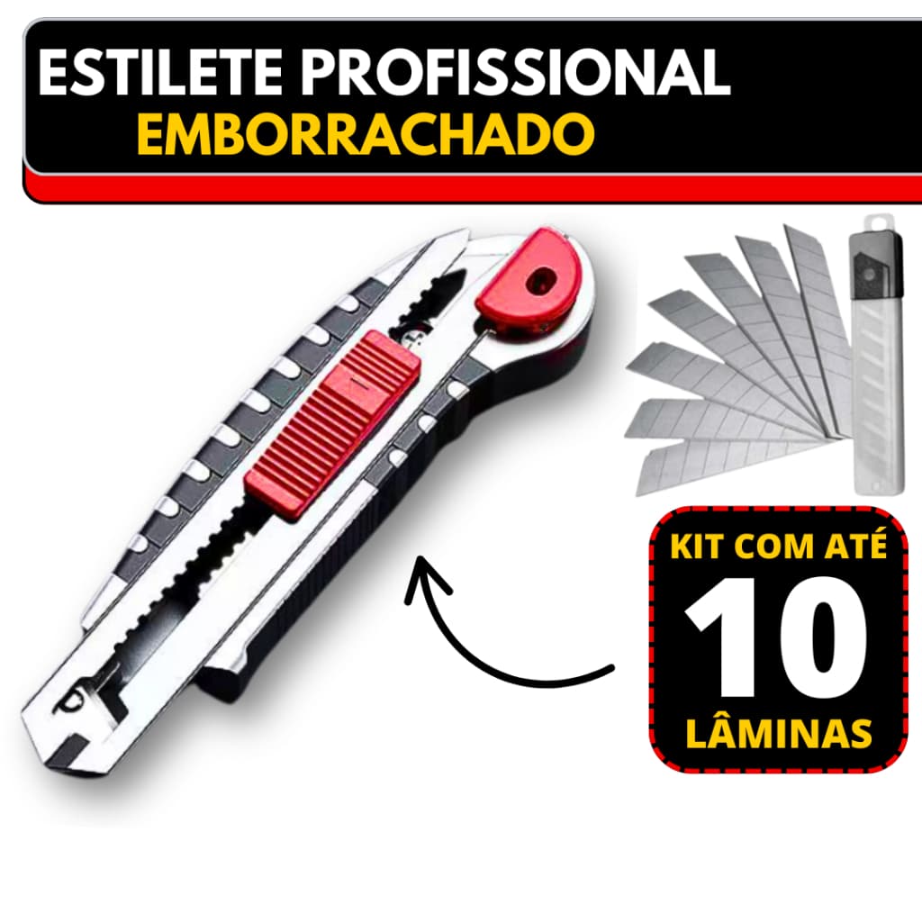 Kit Estilete Metal Profissional Emborrachado + Lamina 18mm Até 10 Lâminas de Aço Afiado Cortante Recarregador
