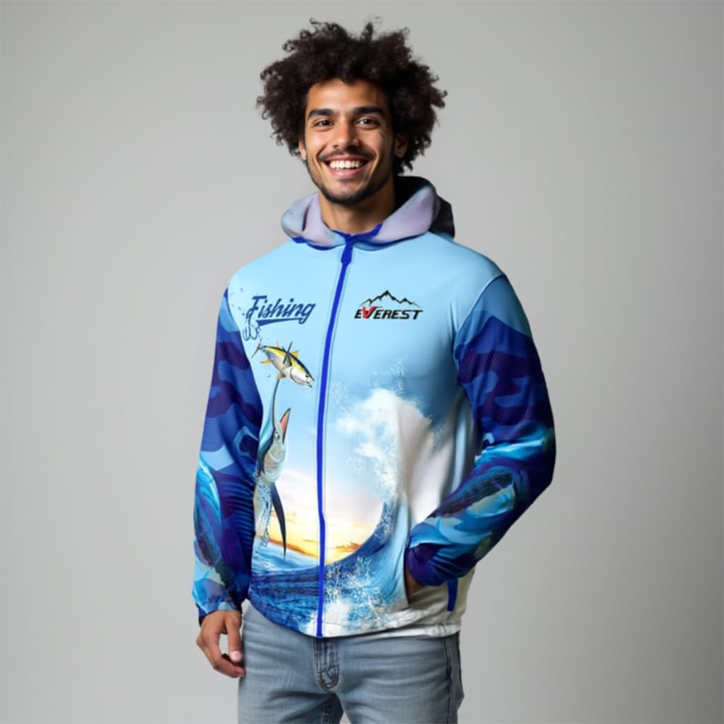 Jaqueta Corta Vento Pesca Azul Masculina Ultra Leve Capuz Proteção Vento