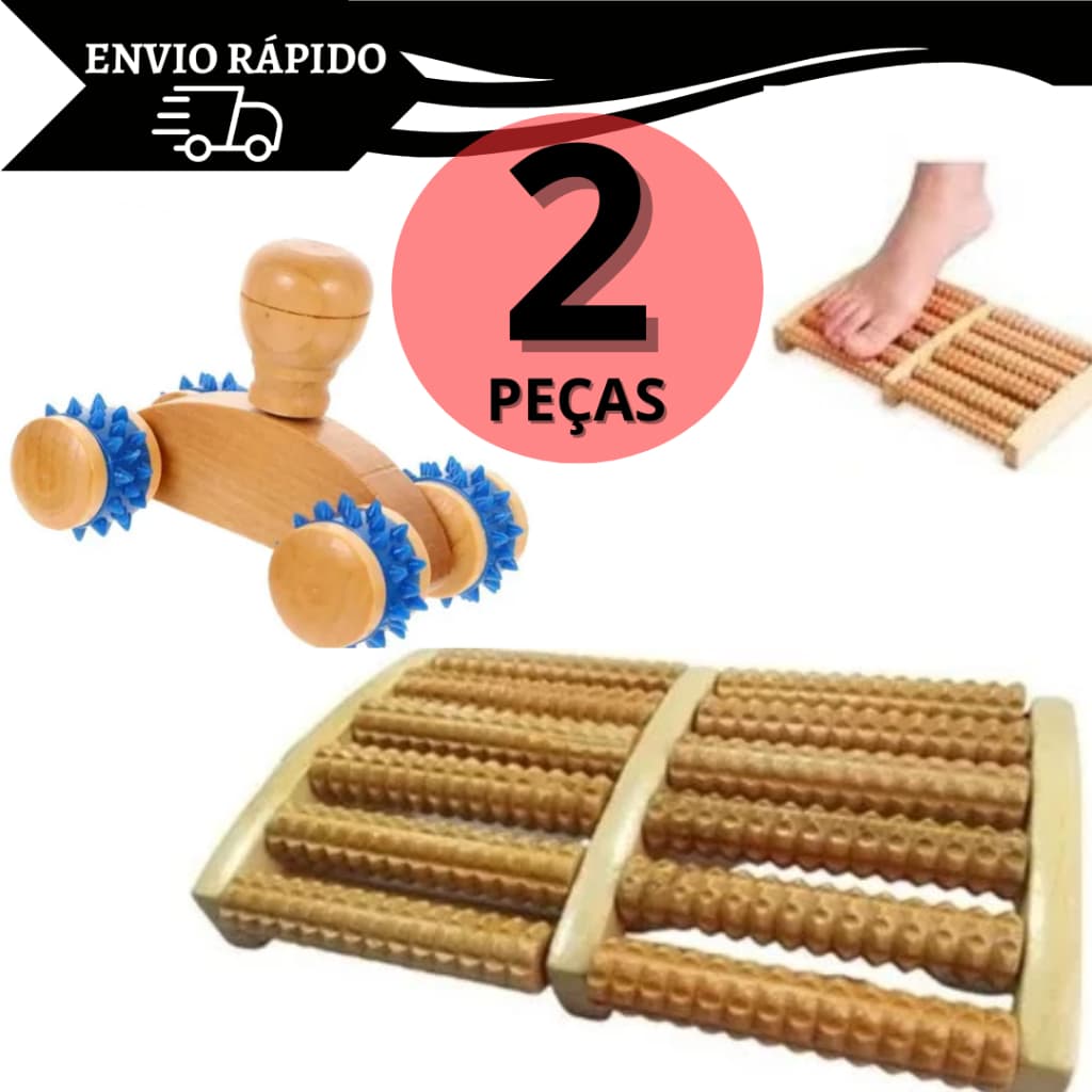 Massageador Pés De Madeira Terapia Relaxante Anti-stress + Massageador Manual Carrinho De Madeira