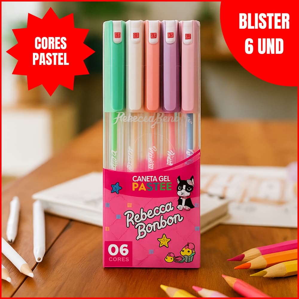 Caneta em Gel Cores Pastel Rebecca Bonbon Escolar Blister com 6 Canetas