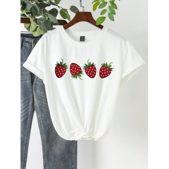 Camiseta Feminina Masculina Estampa Minimalista Delicada Fofa Morangos
