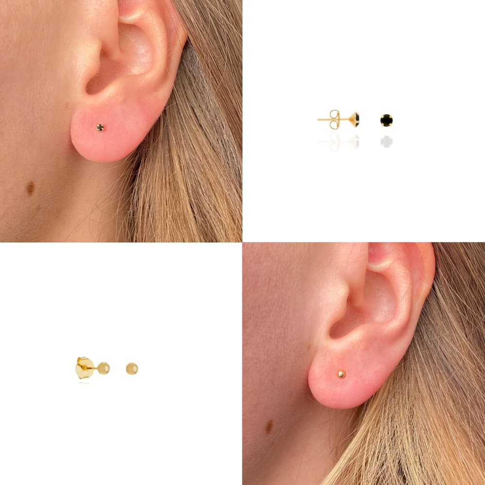 Brinco baby / segundo furo com mini pedra preta de zircônia ou mini bolinha folheado a ouro 18k
