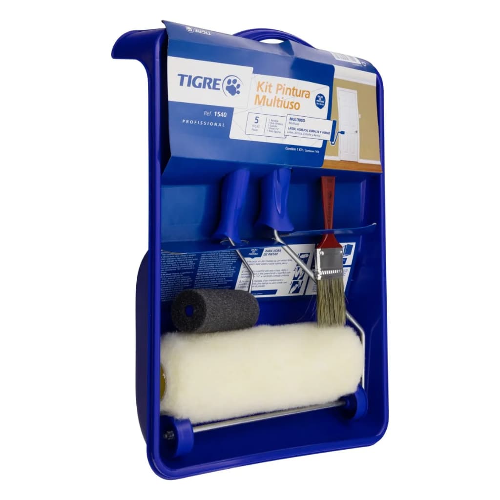 Kit Pintura Tigre 5 / 3 Peças Original – Rolo 23cm + Rolo Espuma + Suporte + Pincel + Bandeja