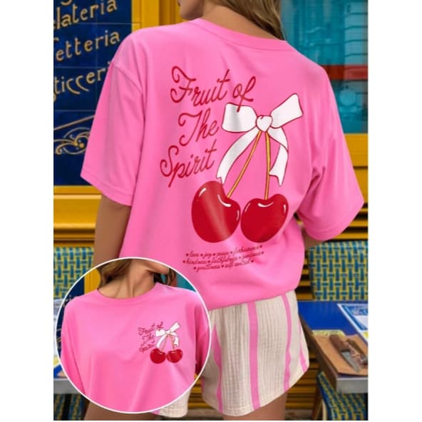 Camiseta Feminina Estampada Delicada Fofa Minimalista Casual Cerejas