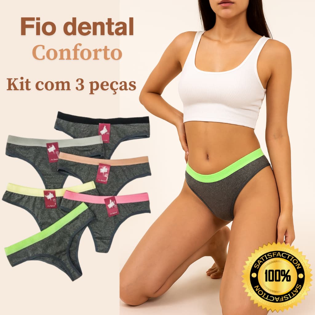 Kit 3 Calcinhas FIO DENTAL Conforto | Algodão Mescla – Cós colorido | Tecido macio