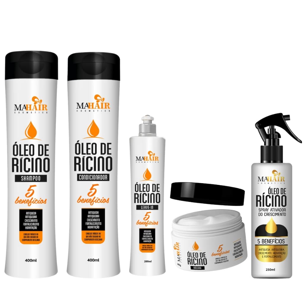 Kit Capilar Shampoo Condicionador Máscara Capilar Leave-in e Spray Óleo de Rícino Promoção!