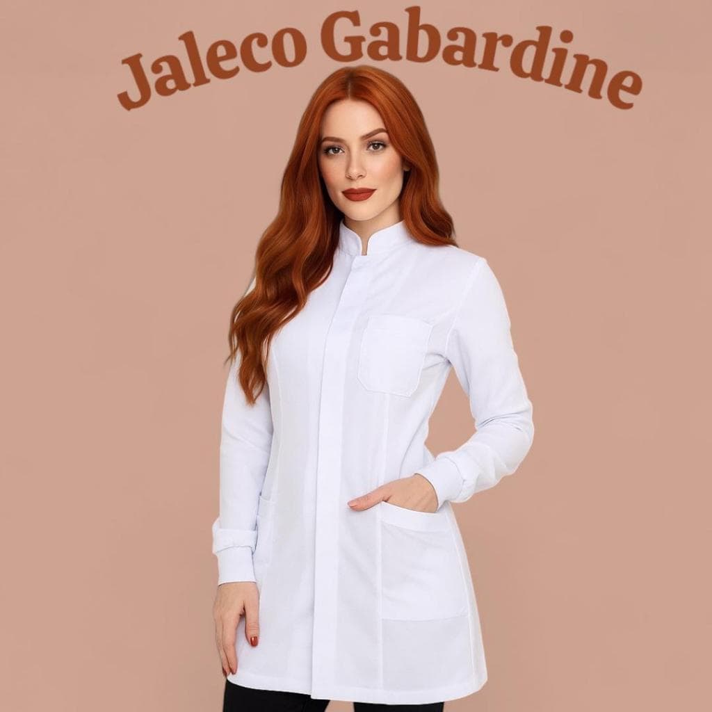 Jaleco Gabardine Branco Feminino, Com Punho e Gola Padre, Avental Para Estágio, Enfermagem
