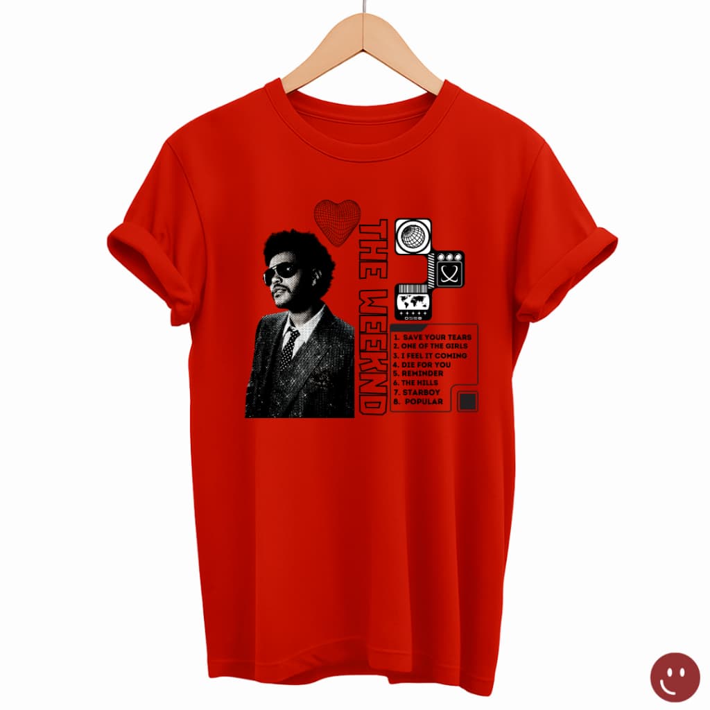 Camiseta The Weeknd Unissex – Estampa Vermelha com Setlist e Arte Vintage