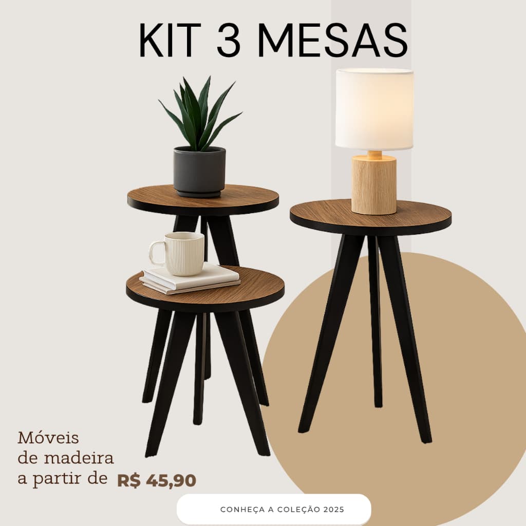 Conjunto 3 Mesas Modernas Pé Palito – Madeira Maciça para Sala e Quarto