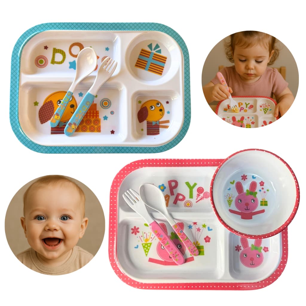 Kit Refeição Infantil Utensílios Prato C/ Divisória Retangular Para Bebê Criança Tigela Talher Bichinhos Presente
