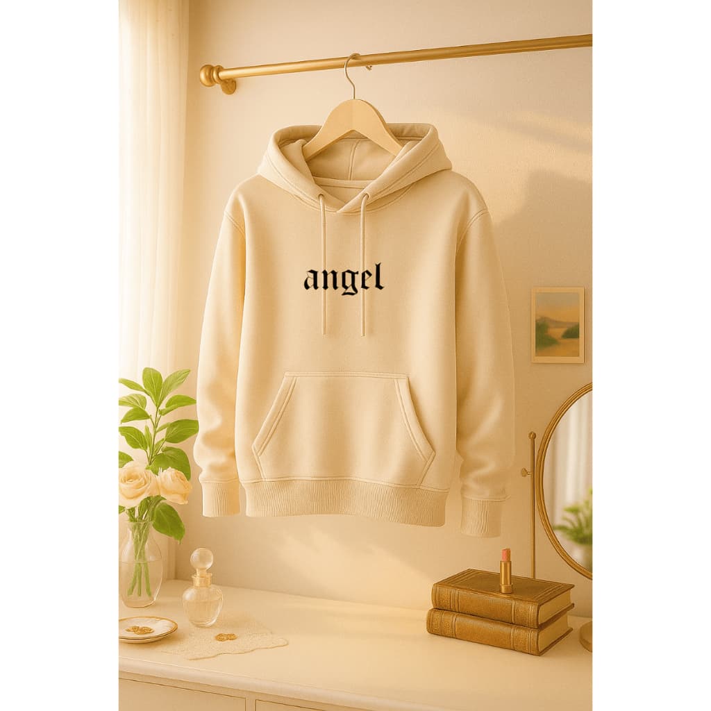 Moletom Bege Unissex Feminino Masculino Blusa de Frio Angel Estampado Minimalista Canguru