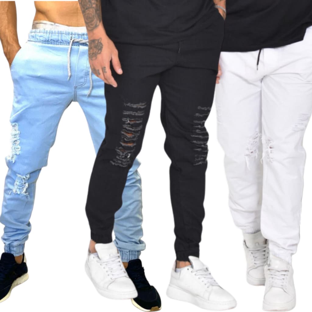 Kit 3 Calça com Punho Jogger Rasgada PRETO BRANCO E JEANS CLARO Unissex Premium