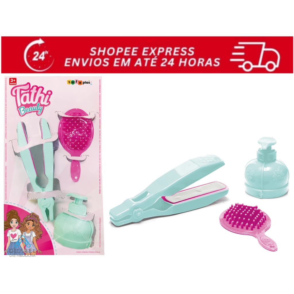 Kit Chapinha Infantil Thati Beauty com 3 Peças – Chapinha, Escova e Saboneteira – Cores Variadas
