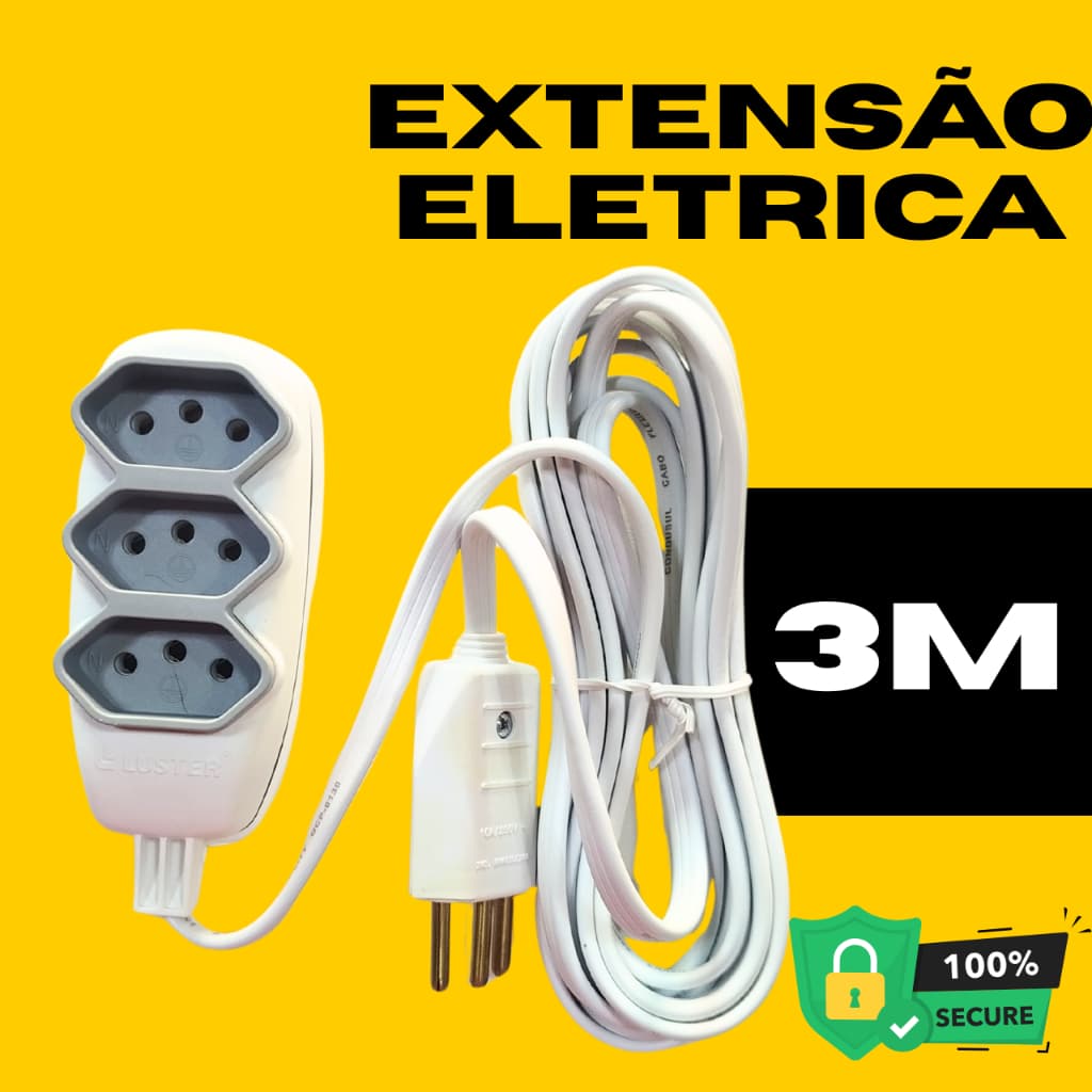 Extensão elétrica de energia tripla 3 tomadas reforçada