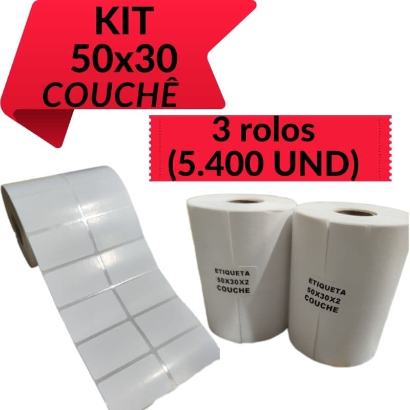Kit 3 Rolos Etiqueta Adesiva Couchê 50x30mm (5.400 Unidades) | Impressora Térmica