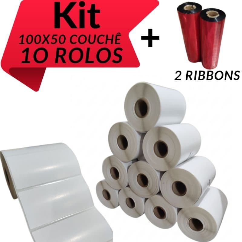 Kit 10 Rolos Etiqueta Adesiva Couchê 10x5 + 2 Ribbon -- + de 5.000 Etiquetas