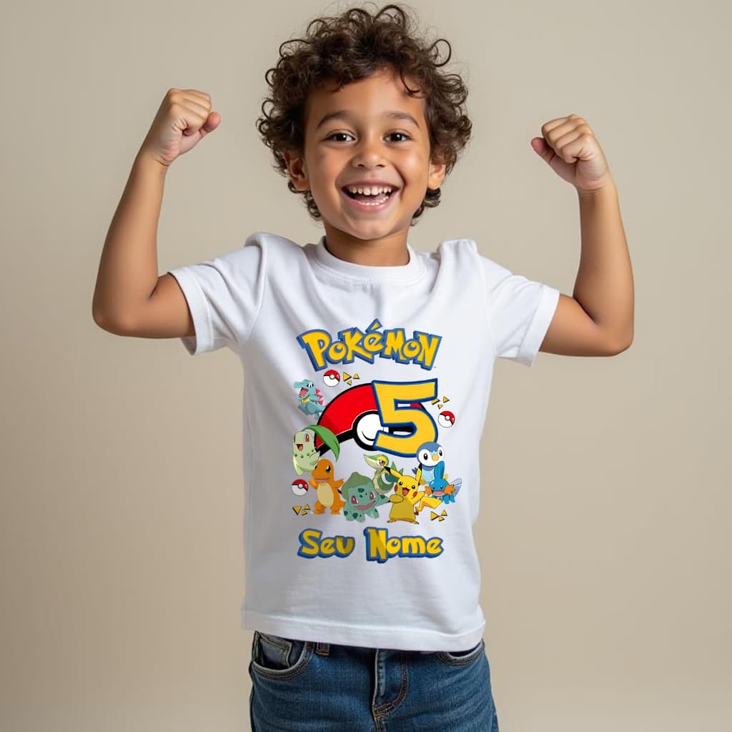 Camiseta Infantil Pokemon Numero Fantasia anivsersário Manga curta camisa c/ Nome