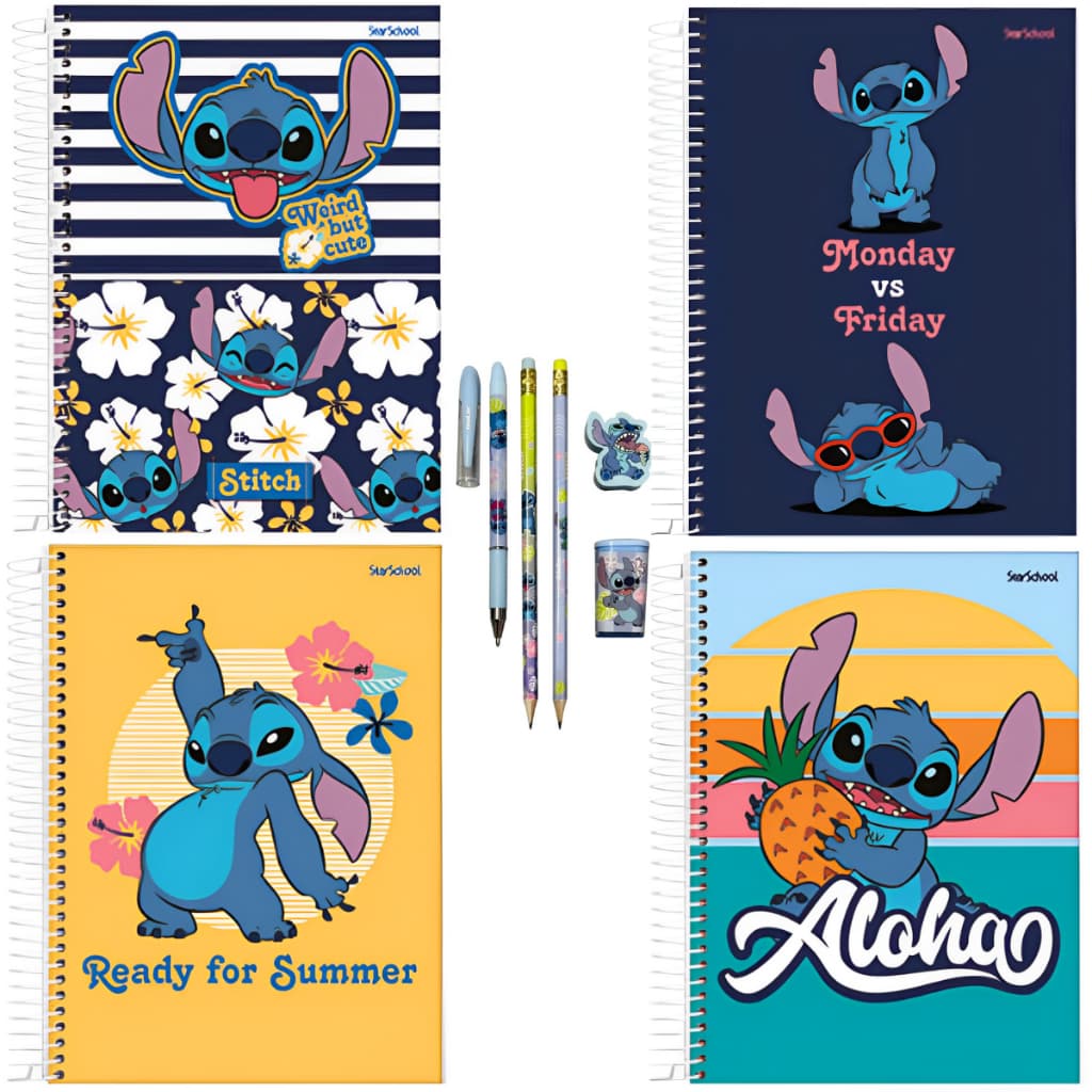 KIT ESCOLAR BASICO STITCH COM CADERNO 10 MATÉRIAS A4, CANETA, LAPÍS, BORRACHA E APONTADOR.