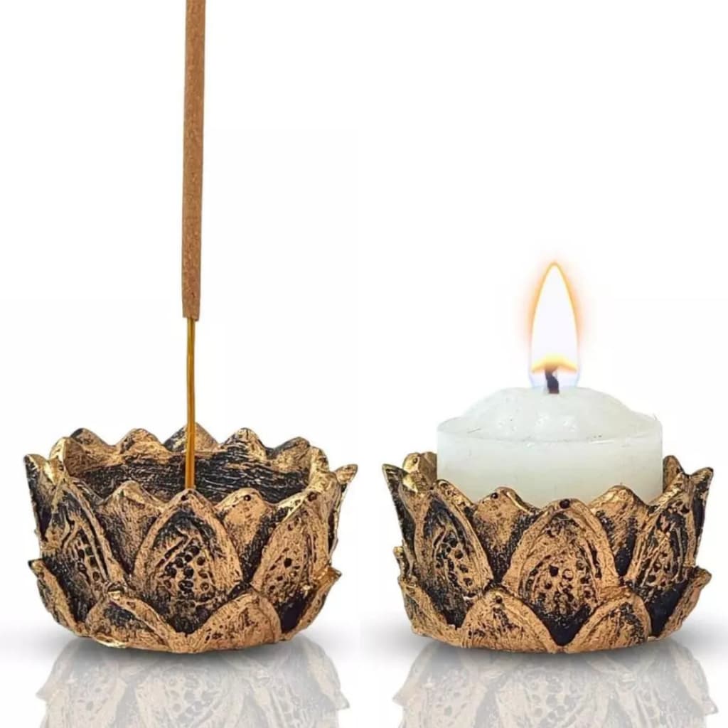 Porta Vela Incensário e Castiçal Flor de Lótus em Resina Porta Vela 5cm  – 20 UNIDADES DE INCENSOS INCLUSO