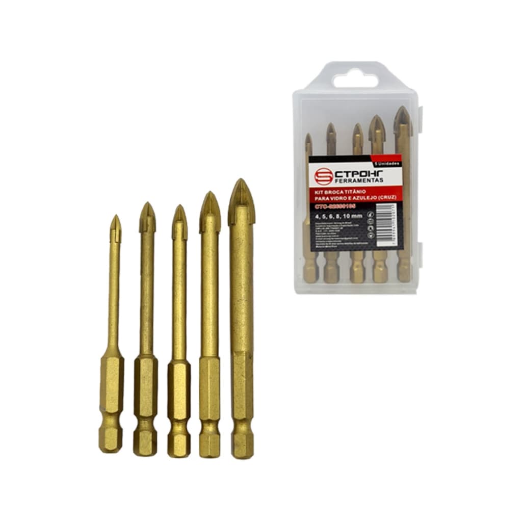 Kit Jogo 5 Broca Ponta De Titânio Para Furar Vidro, Porcelanato, Cerâmica 4 5 6 8 10mm Ponta Cruzada