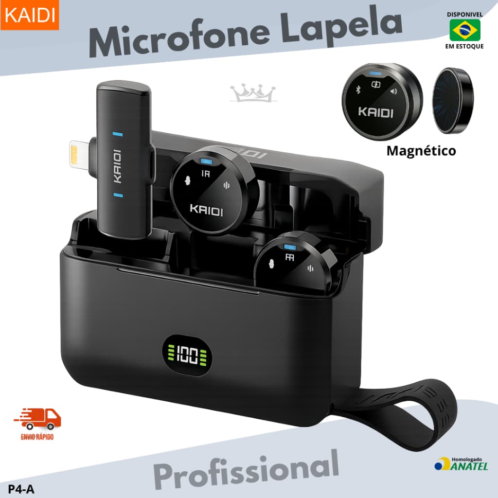 Microfone de Lapela Sem Fio Kaidi P4 Profissional Duplo Magnético Android iPhone Tipo Hollyland