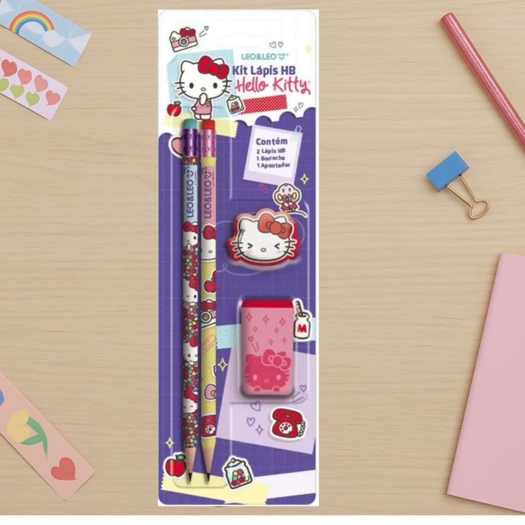 Kit  Escolar Lapis  de Escrever+ Apontador + Borracha Hello Kitty  Leo e Leo