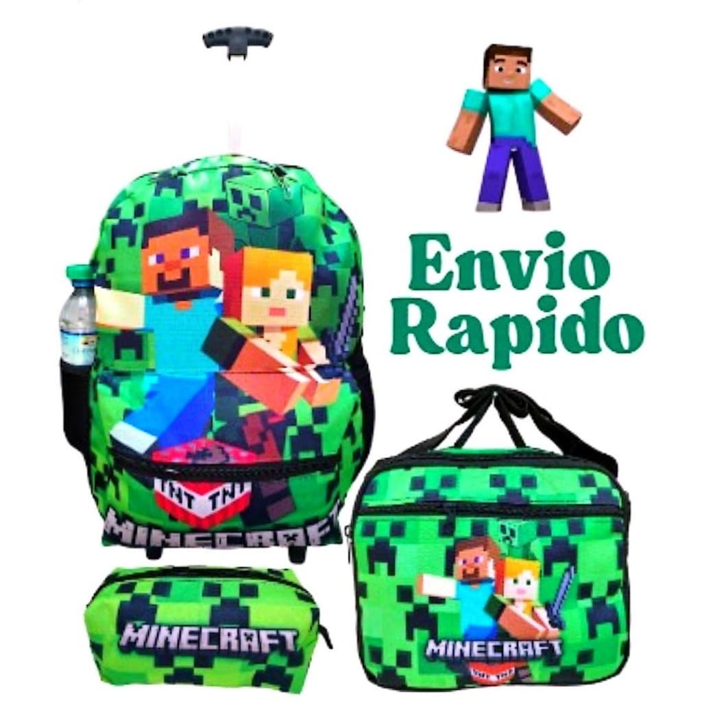 Mochila Escolar Minecraft Roblox de Rodinhas Menino | Kit de Três Peças| Lancheira + Estojo|