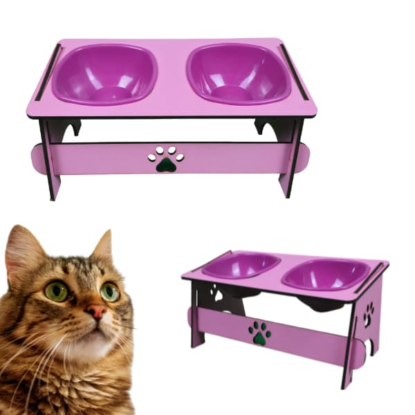 Comedouro Duplo Elevado para Gatos – Design Rosa, MDF Resistente e Tigelas Removíveis