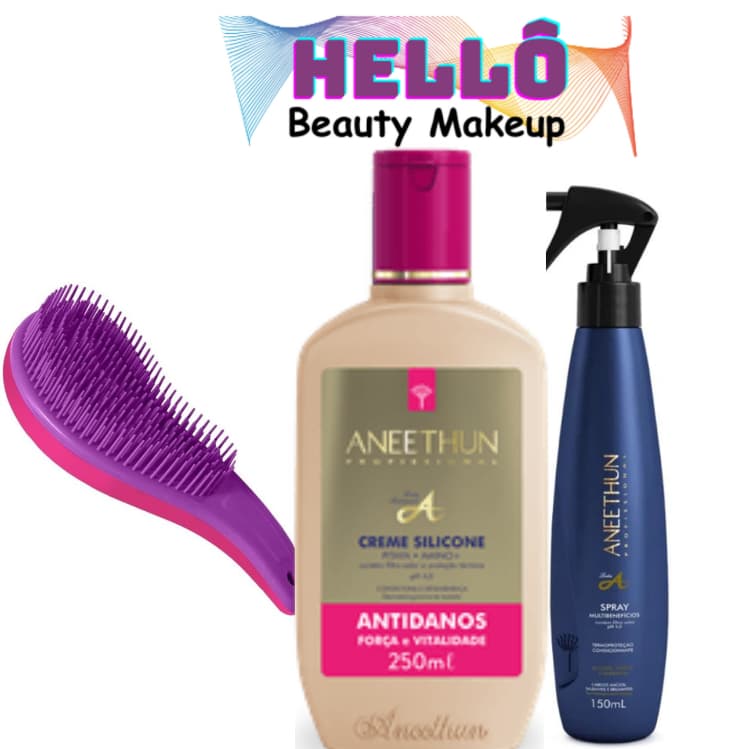 ANEETHUN KIT CREME SILICONE ANTIDANOS + SPRAY LINHA A + ESCOVA(CABELOS FORTES E SÁUDAVEIS)