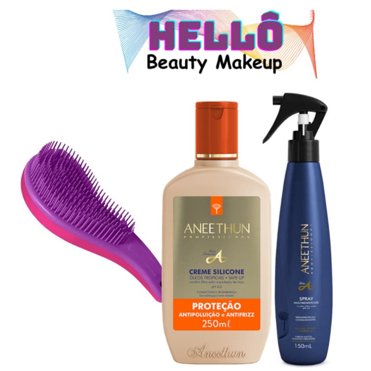 ANEETHUN KIT CREME SILICONE PROTEÇÃO + SPRAY MULTIBENEFICIOS + ESCOVA (EVITA O FRIZZ E REALÇA O BRILHO)