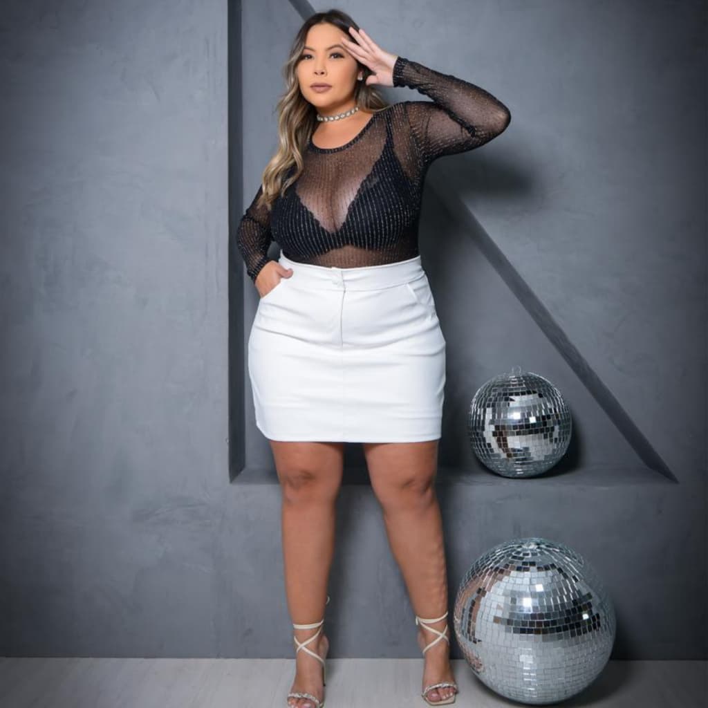 Body Tule Plus Size Blogueira Gola Alta Transparente Promo