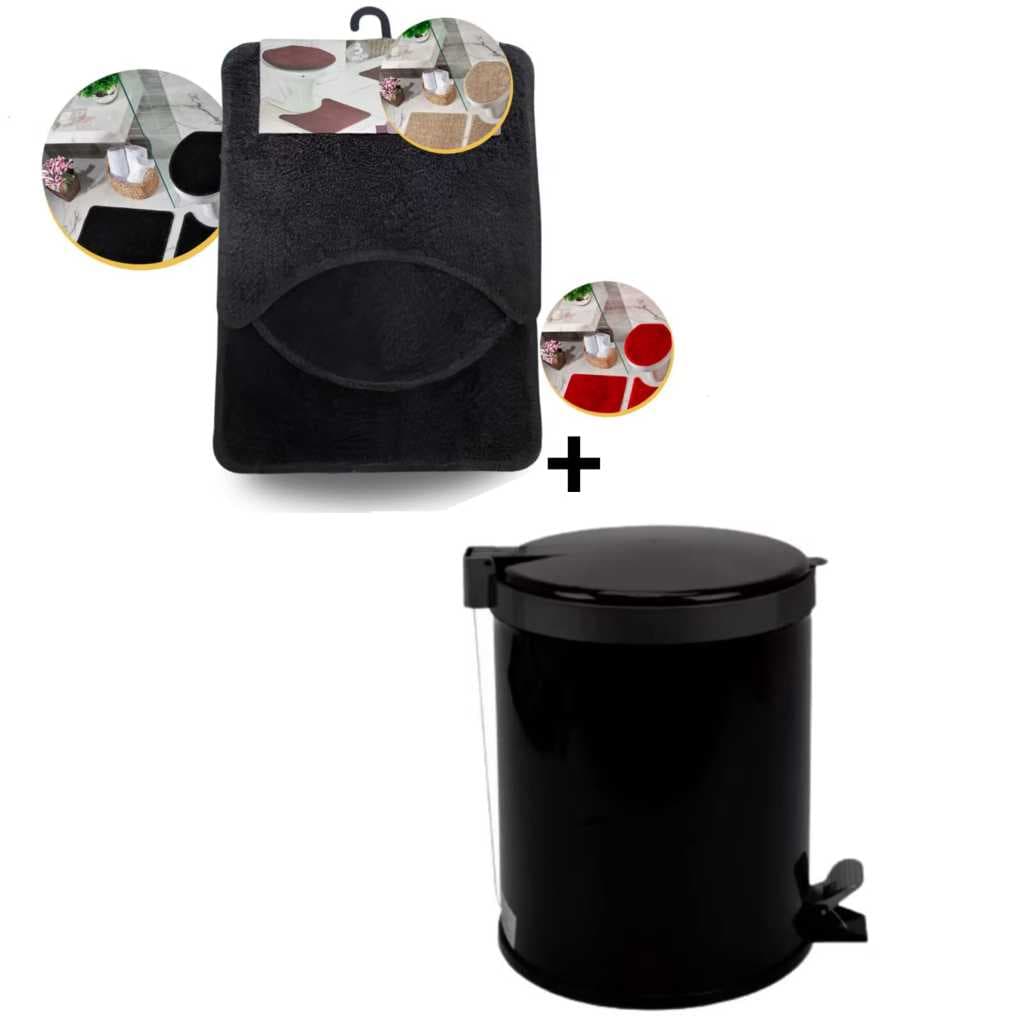 Kit Banheiro Tapete 3 Peças Antiderrapante + Lixeira 8L | Ou Só Tapete | Cores Variadas