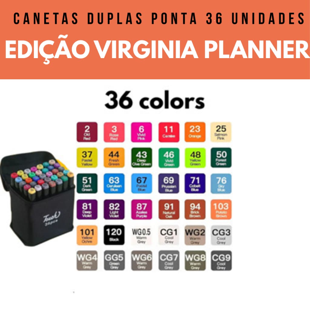 Conjunto de Caneta Colorida Ponta Dupla 36Pçs com Estojo (Versão Pretas ou Brancas)