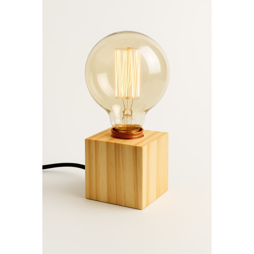 Luminária de Mesa Cubo em Madeira Pinus, 7x7x7 cm, com Interruptor, Cabo 120 cm