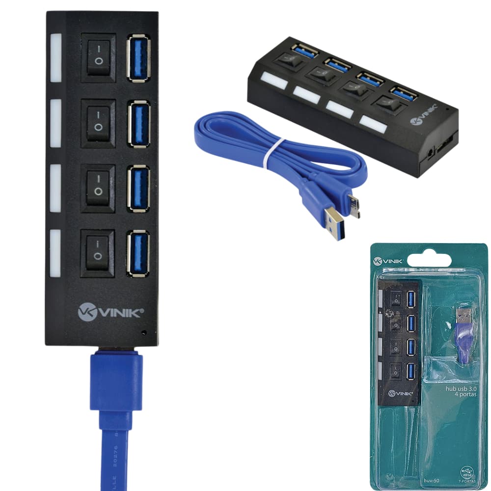 Hub Usb 3.0 4 Portas Interruptor 50cm 5 Gbs Com Led Premium Vinik
